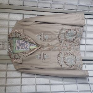 Biya by Johnny Was embroidery and sequin metallic beige button down  jack…